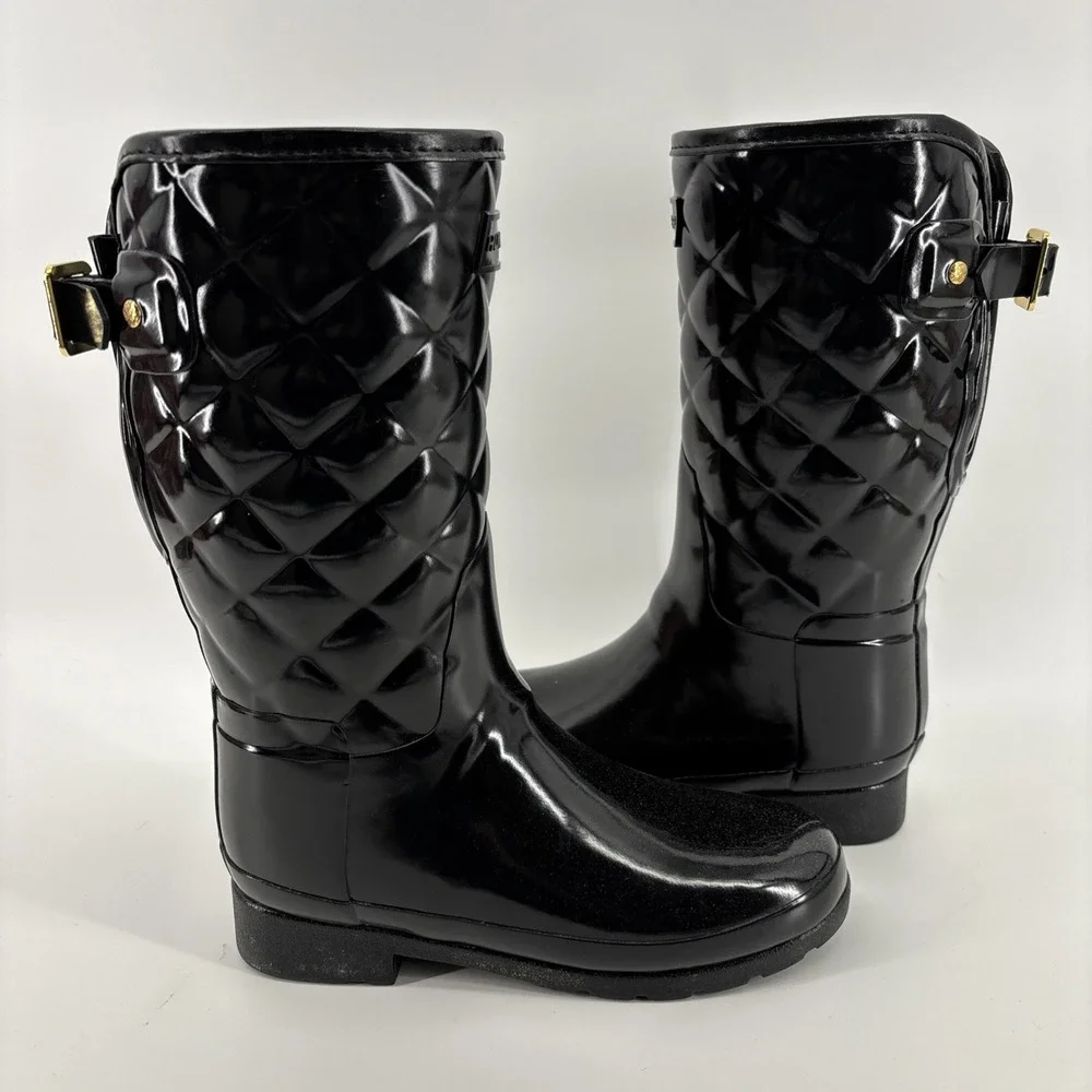 Hunter Refined Black Gloss Quilted Short Rain Boots Women's US 5 EU 36‎ Pull On